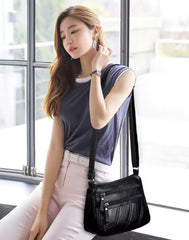 SYGA soft leather women's bag shoulder messenger bag fashion casual(Black)