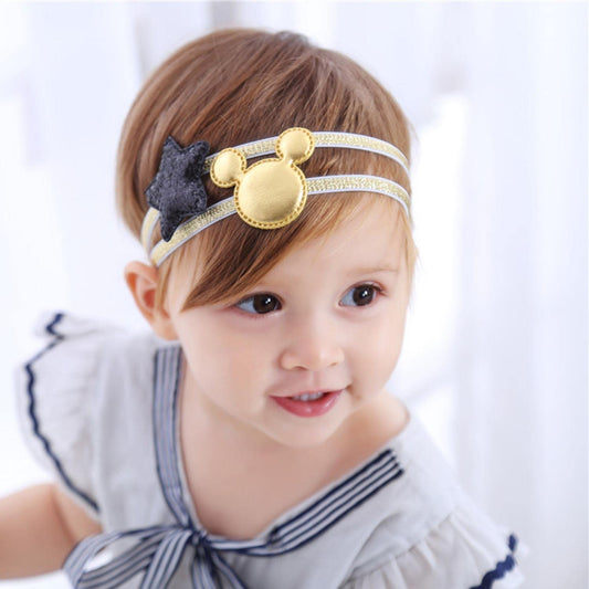 SYGA Pack Of 2 Baby HeadBand Elastic Mickey Star Shining Strechable HairBand Newborn Infant Toddlers Kids 0-3 Year (Gold Mickey & Black Star)