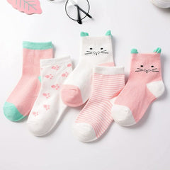 MOMISY 5 Pairs Tube Socks for Kids Toddlers Infant Baby Girl Boys (PinkKitten, 4 year to 6 year)