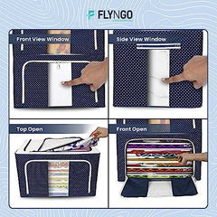 FLYNGO Foldable Steel Frame Clothes Organizer Storage Box For Wardrobe, Saree, Shirts, And Blankets (66 Ltr - Pack Of 2, Oxford Fabric), Blue