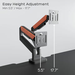Flowlyf Black Dual Wooden Texture Premium Gas Spring Monitor Arm | 17-32" Screen Monitor VESA Mount | Height Adjustability | 360 Degree Rotation |Easily Hold Upto 8KG Weight Each |2 Way Wire Manager