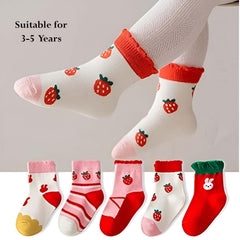 MOMISY 5 Pairs Girl Boys Tube Socks Toddlers Infant Solid Color Boat Spring and Autumn Socks Stretch Baby kids Sock (Strawberry, 1 Year to 3 Year)