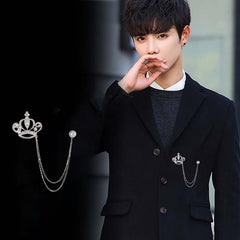 SYGA Luxury Crown Style Brooch for Men's & Women Suit Shirt Stud Brooch Lapel Pin Brooch Pin Chain Tassel Brooch Pin with Crystal Chain(silver heart crown)