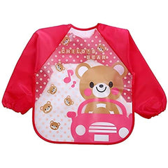 MOMISY Waterproof Smock Painting Apron for Kids Full Sleeve Feeding Bib for Babies Cartoon Animal Art for Infants Toddler Boys Girls (Pink Bear-Yellow Monkey)-Set of 2
