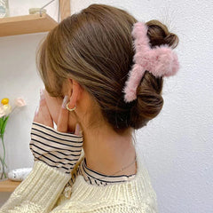 Soft Faux Fleece Fur Large Hair Clutcher/Hair Barrette Hair Clip/Hair Clips Claw/Clamp/Hair Pin/Fluffy/Hair Accessories, Random Color For Women & Girls-Pack of 3 (Grey Caramel Pink)