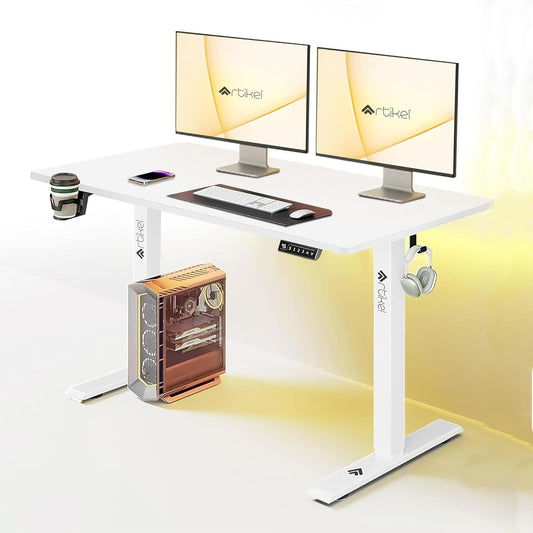 ARTIKEL Artidesk Lite Electric Height Adjustable Table for Office & Home | Sit Stand Gaming Desk|80Kg Wt Lift | Cup Holder Headphone Hook & Cable Management|120X60Cm | White