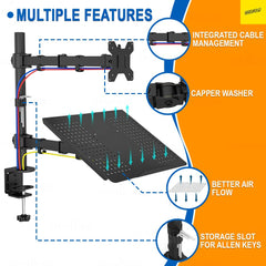 Karomouj Monitor Arm Desk Mount – Ergonomic Dual Monitor Stand with Laptop Tray, Fully Adjustable Heavy-Duty Monitor Mount for Desks, Increases Comfort & Productivity (Black)