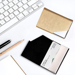 MOMISY PU Leather Professional Business Visiting Card Case Wallet Debit Credit ATM Card Holders for Men & Women (6.5 x 1.25 x 9.5 cm) (Gold)