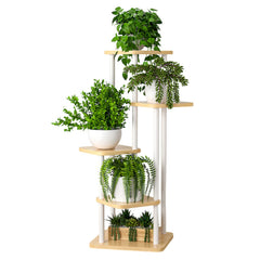 STANSY 5 Tier Plant Stand with Wheels | Multi-Layer Metal Flower Shelf for Indoor & Outdoor Use | Heavy-Duty Wooden Laminate Display Stand for Home, Balcony, Living Room(Light Walnut + White, 106cm)