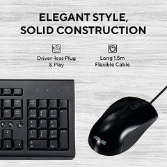 ASUS U2000 Wired Keyboard and Optical Mouse Combo, Long 150 cm Felxible Cable, 1000 dpi Optical Mouse Sensor, Compact Design (Black)