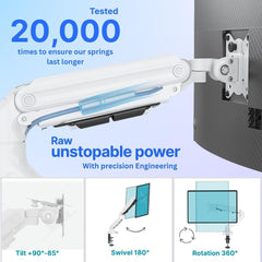 UNIQ MOUNTS Heavy Duty Premium 13''-32'' Gas Spring Assisted Single Monitor Arm, Heavy Duty Desk Stand,180° Swivel, 360° Rotation,+90°-85° Tilt VESA 100x100, 9kg Capacity Load (White)