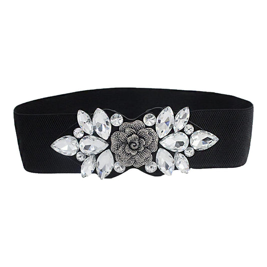 SYGA Women's Diamante Buckle Stretchy PU Leather Cinch Belt in White (Pack of 1) - WAIST SIZE 26-36 INCHES