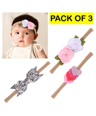 MOMISY Headbands Flowers Soft Synthetic Hairbands for Baby Girls, Infants and Toddlers, Pack of 3 - Multicolor (Free Size, Pink White Silver)