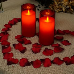 Flameless LED Pillar Candle Set of 2 | Acrylic Fiber Glass | Dancing Faux Wick | Remote Control with Battery Operated 3 AA | Home Décor & Gifting | 3" D x 6" H | Red