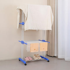 STANSY 3-Tier Heavy Duty Cloth Drying Stand with Wheels, Foldable Laundry Dryer Rack, Stainless Steel Drying Stand for Home, Balcony, Indoor Use, Blue