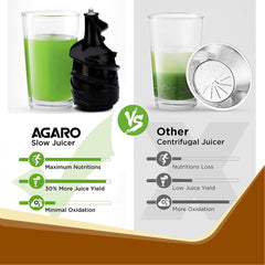 AGARO Imperial Slow Juicer, Professional Cold Press Whole Slow Juicer, 240 Watts Power Motor, 3 Strainers, All-in-1 Fruit & Vegetable Juicer, Grey/Black