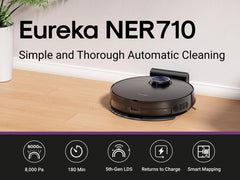 Eureka NER710 2-in-1 Robot Vacuum & Mop with 8000Pa suction, 5th-Gen LDS laser navigation, multi-floor mapping, 180-min runtime, 3-in-1 cleaning for pet hair, carpets & hard floors, App/Alexa support.