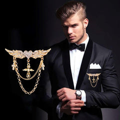 SYGA Men's & Women Suit Shirt Stud Lapel Pin Chain Tassel Brooch Pin with Wings cross model Crystal Chain(Gold)