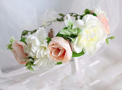 SYGA Women Front Side Rose Floral Crown Hair Wreath Leave Flower Headband Tiara with Adjustable Ribbon