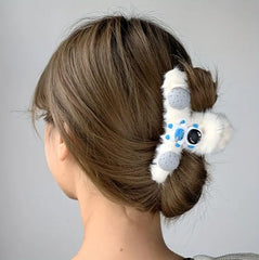 MOMISY Soft Faux Fleece Fur Large Hair Clutcher/Barrette Clip/Claw/Clamp/Pin/Fluffy/Accessories, Random Color For Women & Girls-Pack of 2 (Astronaut, Flower-White)