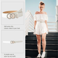 SYGA PU Leather Belt Rhinestone Waist Round Buckle Belt -White