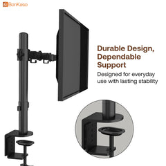 BonKaso Adjustable Single Arm Monitor Stand for Desk | Alloy Steel Durable Mount for 13”-27” Screens | 360° Rotation, Height Adjustable, Cable Management, Space Saving Monitor Arm (Black & White)