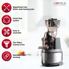 Hafele MAGNUS Cold Press Slow Juicer| 83mm Wide Chute| All-in-1 Fruit & Vegetable Juicer| 35RPM Speed for Max Nutrition| Stainless Steel Body| BPA Free Container| 250W