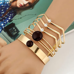 SYGA Hand Metal Wide Face Hollowed Gemstone Bracelet for Girl, Party, Holiday, Beach Accessories - 2 Stone Black
