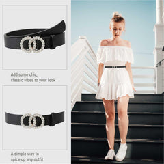 SYGA PU Leather Belt Rhinestone Waist Round Buckle Belt - Black