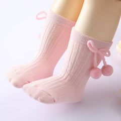MOMISY Baby Cotton Crew/Calf Socks, Long Tube Style, 2/3 Pairs, Pom Design (IN, Age, 0 Months, 12 Months, 3, RedBlackPink)