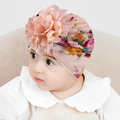SYGA Baby Turban Hat, Toddler Beanie Cap Infant Hat 6 Month - 4 Year Cotton Floral Hat Headwear Cap Hat Accessories Unisex Hat, Peach Floral, 1 Piece