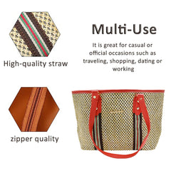 MOMISY Women's Straw Large Capacity Shoulder Tote Handbag with Top Handle-Red Handle
