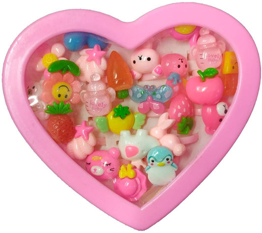 SYGA Kids Girls Cartoon Pretend Play Toy Fancy Finger Rings for Birthday Gifts Comes in Pink Heart Shape box-24pcs