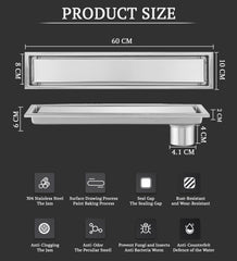 SYGA 304 Stainless Steel Long Floor Drain with Double Filtration,Shower Drain Cover Plate Side Hole, 10x60 cm