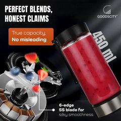 Goodscity Blender For Smoothie And Juices | Portable Hand Blender For Kitchen | Premium Usb Rechargeable Fruit Juicer Machine | 450Ml BPA FREE Food Grade Glass Jar| Long Battery Life |1 Year Warranty