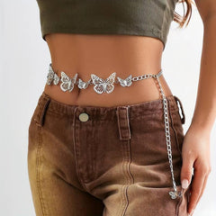 SYGA Women's Simple Geometric Versatile Body Chain Punk Style Stitching Single Layer Hollow Butterfly Waist Chain(Silver)