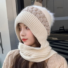 SYGA Women Winter Knitted Warm Hat With Scarf,Ear Protection Pompom Woolen Hat For Adult (White), Free Size