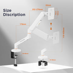 iVOOMi Power Arm White Monitor Stand for Desk with 100 x 100mm VESA Mount, Adjustable Gas Spring Monitor arm with Grommet Mounting Base for 15-34'' 2-12 kgs Screens, 1 Year Warranty