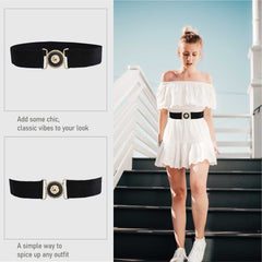 SYGA Women's Inter Rings Golden Buckle Stretchy Leather PU Cinch Belt, Black (Pack of 1)