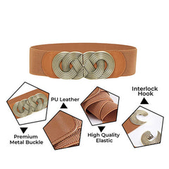 SYGA Women Cinch Belt, PU Leather Stretchy Waist Belt with Woven Metal Buckle, Retro Style Camel