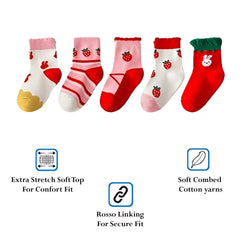 MOMISY 5 Pairs Girl Boys Tube Socks Toddlers Infant Solid Color Boat Spring and Autumn Socks Stretch Baby kids Sock (Strawberry, 1 Year to 3 Year)