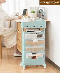 SYGA Removable Multifunctional Book Storage Rack Shelf Living Room Layered Plastic Magrack 3drawers with Wheels (Blue)