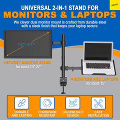 Karomouj Monitor Arm Desk Mount – Ergonomic Dual Monitor Stand with Laptop Tray, Fully Adjustable Heavy-Duty Monitor Mount for Desks, Increases Comfort & Productivity (Black)