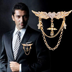 SYGA Men's & Women Suit Shirt Stud Lapel Pin Chain Tassel Brooch Pin with Wings cross model Crystal Chain(Gold)