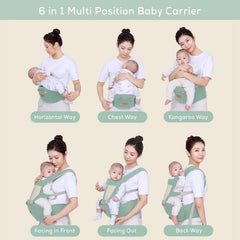 MOMISY 6 In 1 Multipurpose Baby Carrier for New Born Kid | Sling Kangaroo Bag with 6 Carry Positions & Cushioned Seat | Adjustable Carrier with Hip Seat | Carry Bags for 0 to 2 years Boys Girls (Light Green)