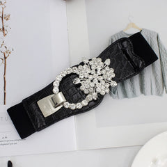 SYGA 7 styles of flower-shaped diamond-encrusted buckle elastic girdle women's fashion dress decorative waist 5cm black elastic wide belt-EL223-1