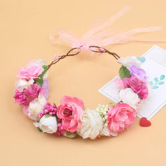 SYGA Medium Sized Rose Floral Crown Hair Wreath Leave Flower Tiara Headband with Adjustable Ribbon