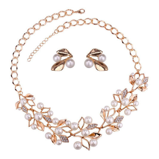 SYGA Pearl Earrings Necklace Bridal Jewelry Set for Party Wedding Festive for Women & Girls Accessories(Gold)