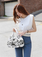 SYGA Women's Printed PU Leather Hobo Bag, Multiple Colors and Patterns, Crossbody Shoulder(WHITE INK GRAY FLOWER)