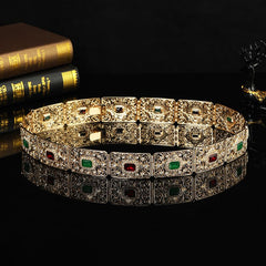 SYGA Women's Wedding bridal waist chain Middle Eastern Metal Hollow Carved Rhinestone Inlaid Belt Robe Girdle Accessories(Gold+MultiColor)